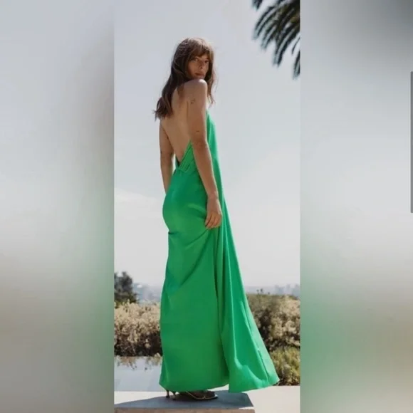 NWT - Zara Halter Neck Satin Effect Green Long Dress